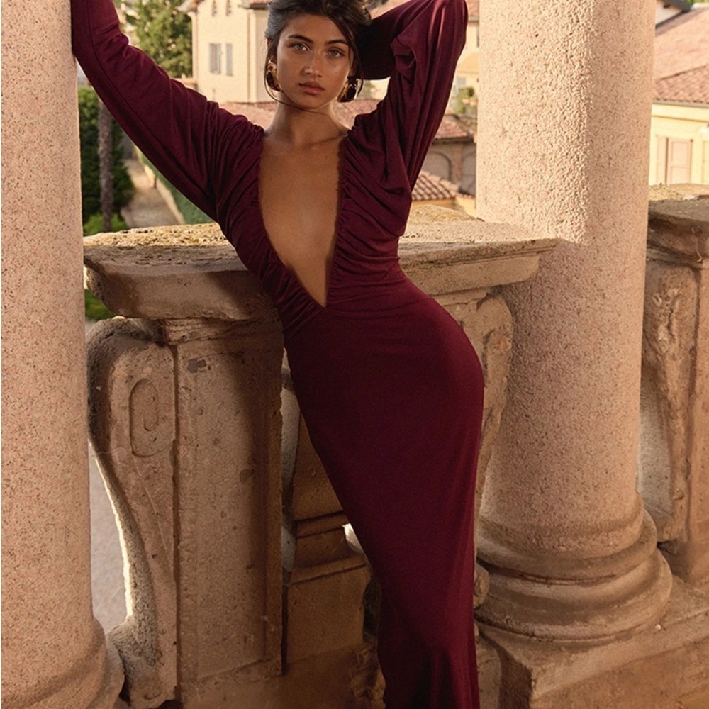 PLT LABEL MULBERRY SLINKY RUCHED PLUNGE BATWING MAXI DRESS